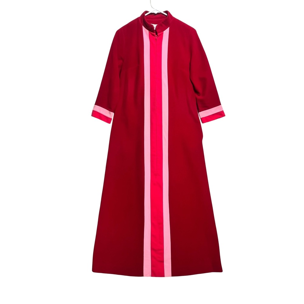 Vintage 1970s Vanity Fair Shevelva Red Pink Velour House Coat Maxi Robe
